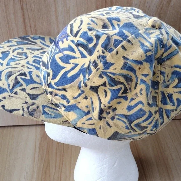 Vintage Nike Leaf Print Adjustable Hat Cap Blue Yellow AOP 80s 90s Rare